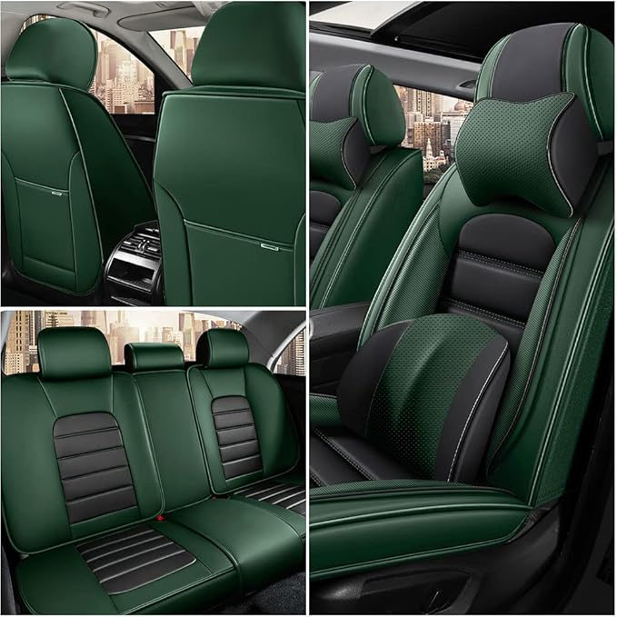 Iceleather Luxury Car Seat Covers for Ford Edge 2007-2025,Waterproof Soft Breathable PU Leather Seat Cover with Storage Pockets(Black&Green,Full Set with Pillow)