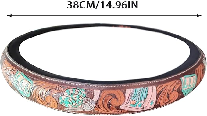 Steering Wheel Cover Western Car Tooled Leather Retro Cowboy Car & Truck Accessory, Universal 15 Inch Non Slip Wheel Cover for SUV, Pickup, Comfortable Grip, Easy to Install (Brown)