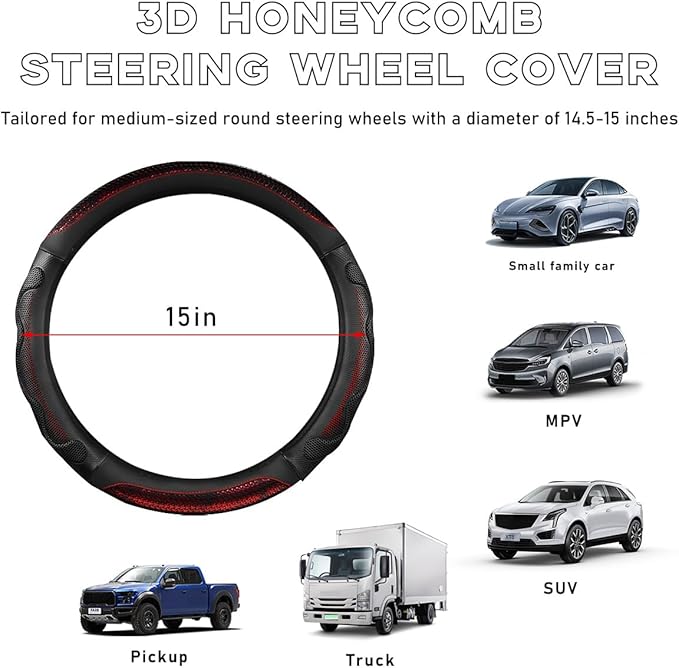Car Steering Wheel Cover, 15 Inch Leather Round Comfy Grip Steering Wheel Protector, Anti-Slip Steering Wheel Cover with 3D Honeycomb for Most Vehicles, Car Accessories (Red)