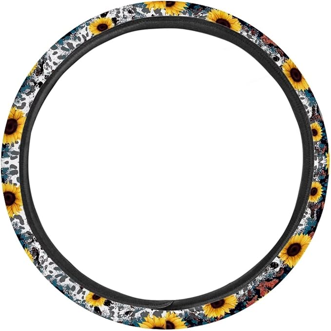 Universal Non-Slip Steering Wheel Cover, 15-inch Polyester Material Driving Accessories, Adjustable for Car and Truck(Indigo Leopard Sunflower)