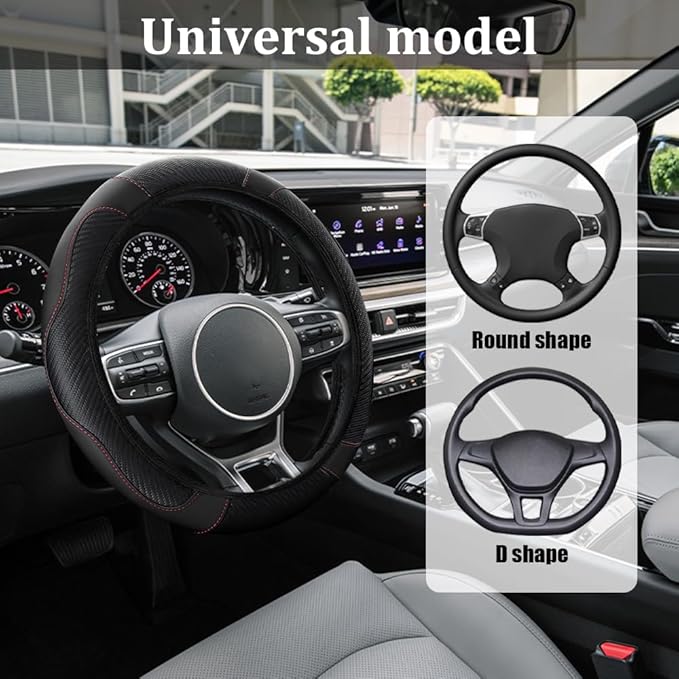 Car Steering Wheel Cover, Steering Wheel Protector, 15 inch Durable Leather Cover with Anti-Slip Lining, Universal Carbon Fiber Microfiber Leather Car Accessories for Most Cars (Black)