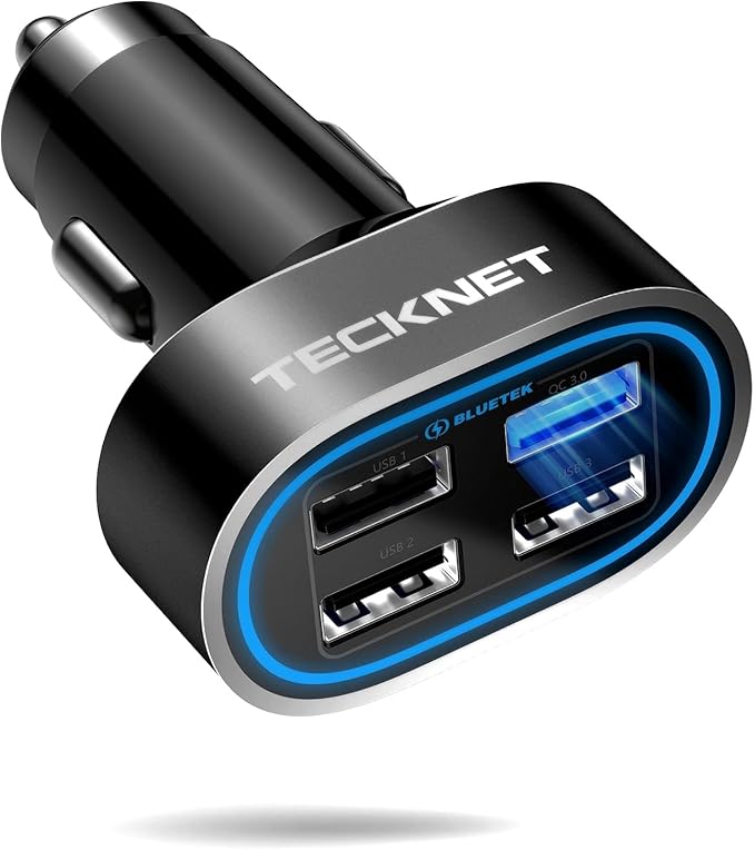 TECKNET USB Car Charger, 54W 4-Port Car USB Charger Multi Port Adapter, QC 3.0 Port Cigarette Lighter Charger, Fast Charging Adapter, Compatible with iPhone 15 Pro Max/15 Plus/15/14/13（Dark Black）
