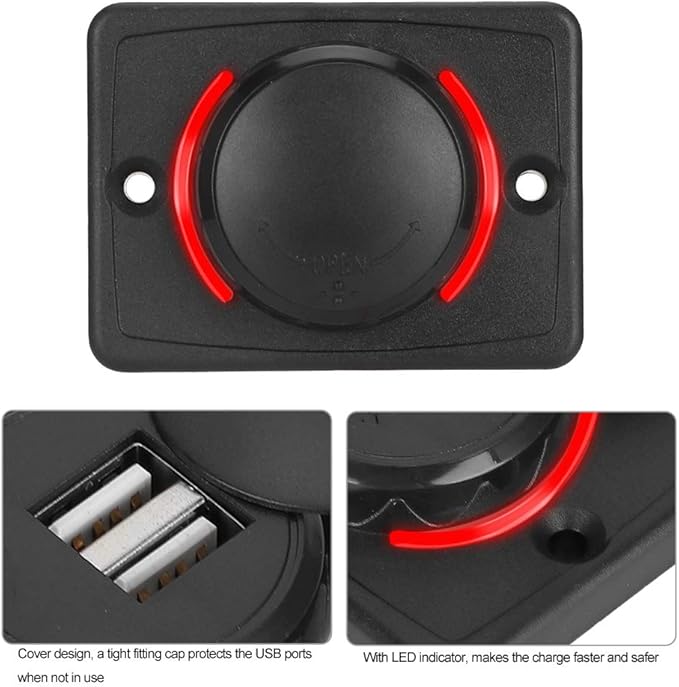 Car Dual USB Port Socket, 3.1A DC12V/24V Portable Mini Power Charger Socket with LED Indicator for High End Large Scale Vehicles Such as Ships, Yachts, RVs, Buses(Red)
