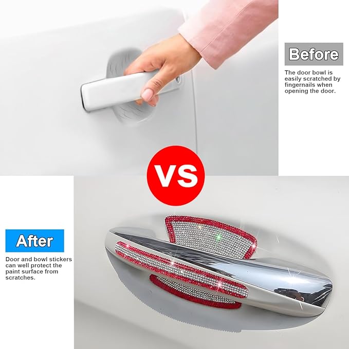 Mandark 8PCS Bling Car Door Handle Protector, Crystal Rhinestone Vehicle Door Bowl Protective Sticker, Glitter Anti-Scratch Auto Decor Decals Accessories, Universal for SUV, Sedan, Truck (Red/White)