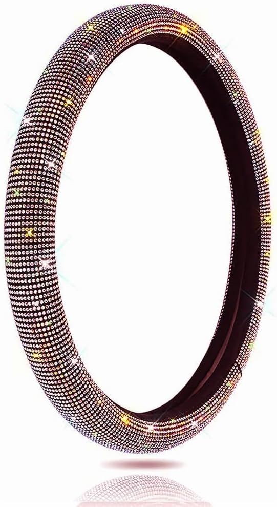 Car Bling Steering Wheel Cover for Women Girls 15 Inch Universal Colorful Crystal Rhinestone Diamond Rainbow Bling Accessories Anti Slip Wheel Protector Sparkling, Black