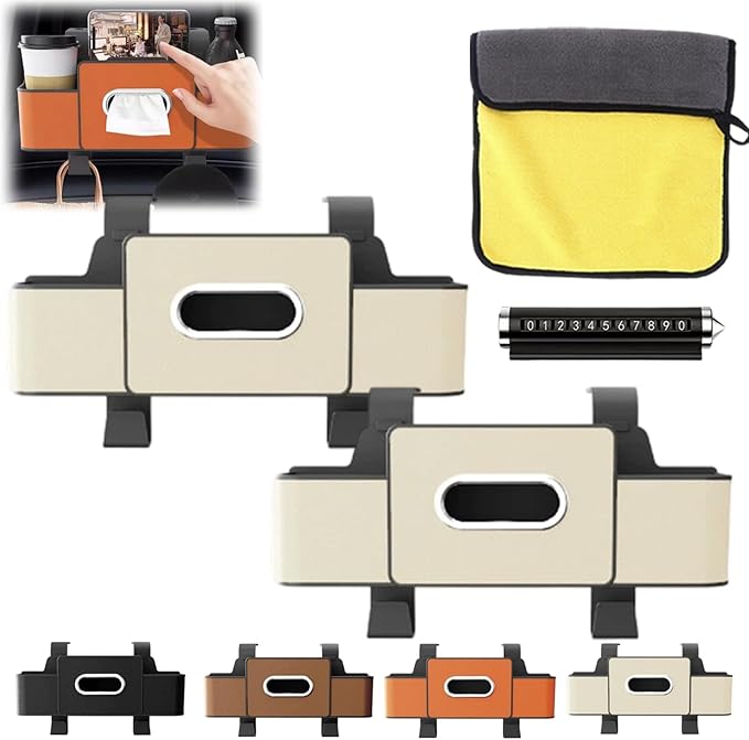 3-in-1 Car Backseat Organizer, Car Organizers and Storage Box with 2 Cup Holders & 4 Hooks, Multifunctional Car Seat Back Storage Box with Tissue Box, for Phone, Snacks, Drinks, Handbag (White, 2PCS)
