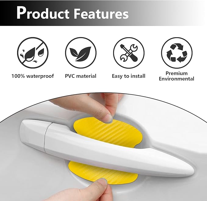Kewucn 4PCS Car Door Handle Sticker, Carbon Fiber Auto Door Side Handle Protective Films, Anti-Scratch Vehicle Door Cup Protector, Universal Exterior Accessories for Most Cars (Yellow)
