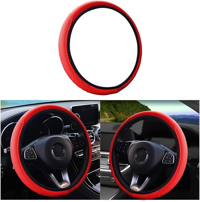 Leather Car Steering Wheel Cover, Elastic, Breathable Anti-Slip, Universal 15 inch, Steering Wheel Cover for Men Women (Red)