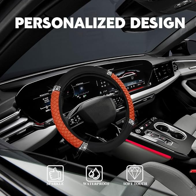 Car Steering Wheel Cover, Steering Wheel Accessories, Breathable Microfiber Leather Auto Wheels Protector, Universal 15 Inch Anti-Slip Protector for SUV Sedan Truck (Bling-Orange)