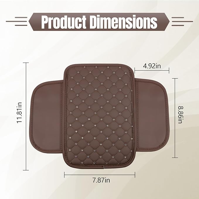 wuyaoyao Bling Car Center Console Cover, 11.81"×7.87" Leather Auto Arm Rest Cover Protector with 2 Storage Bags, Vehicle Crystal Rhinestone Armrest Cushion Pad, Interior Car Accessories (Coffee)