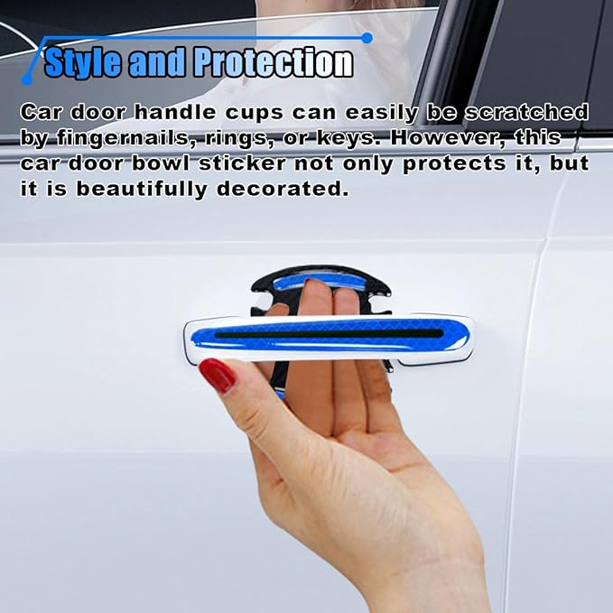 8PCS Reflective Car Door Handle Protector Sticker, Carbon Fiber Auto Door Handle Cup Paint Guard Protective Film, Anti-Scratches Car Door Handle Bowl Sticker, Self-Adhesive & Non-Marking (Blue)