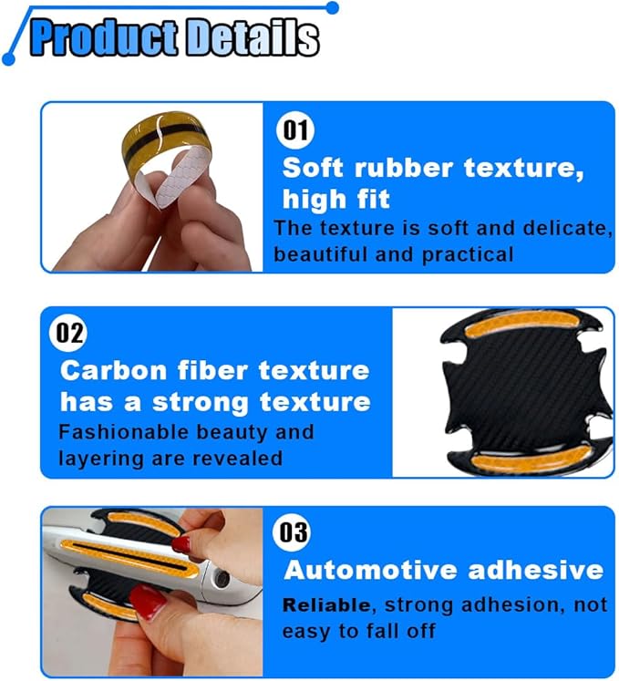 8PCS Reflective Car Door Handle Protector Sticker, Carbon Fiber Auto Door Handle Cup Paint Guard Protective Film, Anti-Scratches Car Door Handle Bowl Sticker, Self-Adhesive & Non-Marking(Yellow)