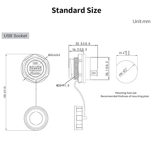 CNLINKO YU-USB3-JSX-01-001 USB3.0 Panel Mount IP67 Waterproof USB Wall Socket PBT Material Plastic Series USB Female Type A Round USB Connector