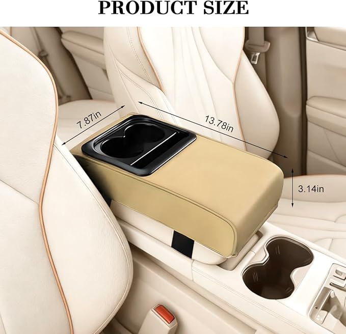 Car Center Console Armrest Pillow, Leather Vehicle Middle Console Protection Cushion with Cup & Phone Holder, Waterproof Automotive Arm Rest Box Cover Accessories, Universal Fit (Beige)