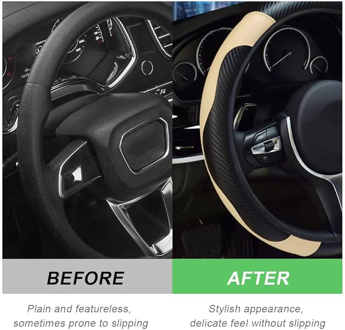 Car Steering Wheel Cover, 15 Inch Carbon Fiber Leather Stitching Color Steering Wheel Protector, Anti-Slip Elastic Breathable Steering Wheel Cover Stylish Decor for Most Cars (Black & Beige)