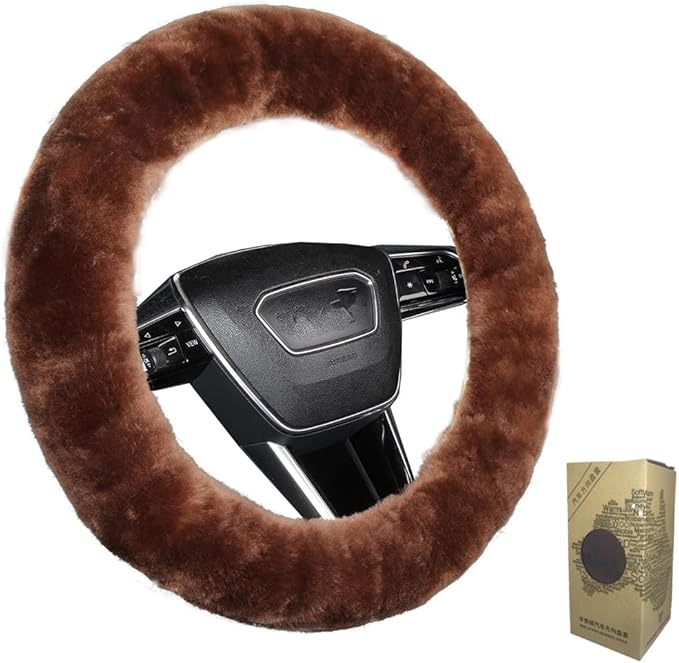 Fluffy Fur Wool Sheepskin car Steering Wheel Cover, Fuzzy Protector for Universal Steering Wheel 15inch, Anti-Slip,Comforting and Luxurious, Soft Texture (Saddle Brown)