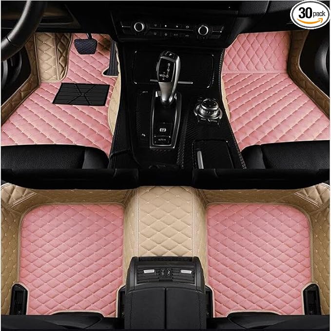 Custom Luxury Leather Car Floor Mats Upgrade Your Car's Interior All-Weather Protection for Cars, SUVs, Trucks Compatible with Automotive Mats (Beige+Pink)