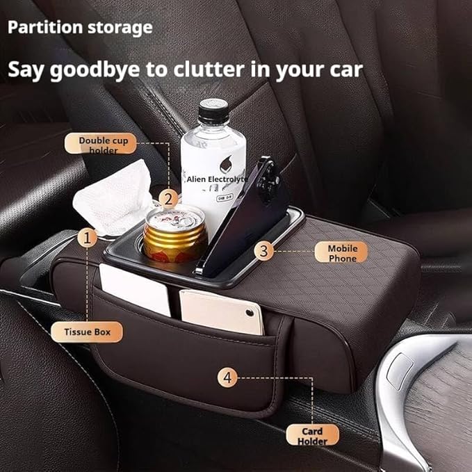 Leather car armrest Organizer with Cup Holders, Storage Pockets & Anti-Slip pad. Universal fit, Easy Install. (Claret)