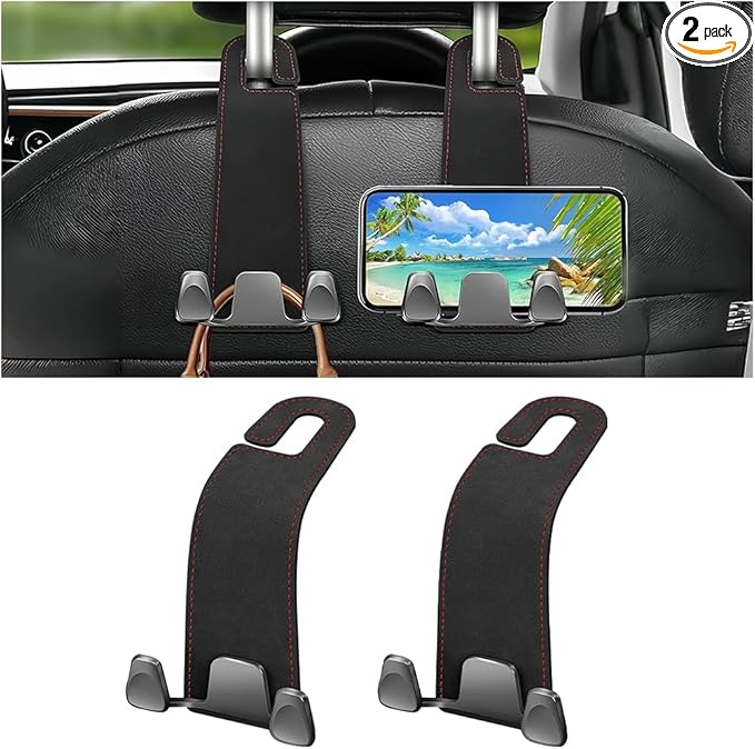 Car Seat Headrest Hook, 2PCS Leather & Metal Double Hook Vehicle Back Seat Hanger Holder for Phone Handbag Purse, Automobile Storage Organizer, Universal for Van Truck Sedan (Black)