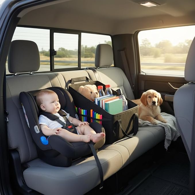 Car Seat Organizer for Front & Back Seat, Passenger Seat Storage Caddy with Divider, Mesh Pockets & Handles, Foldable Waterproof Car Organizer for Kids & Adults