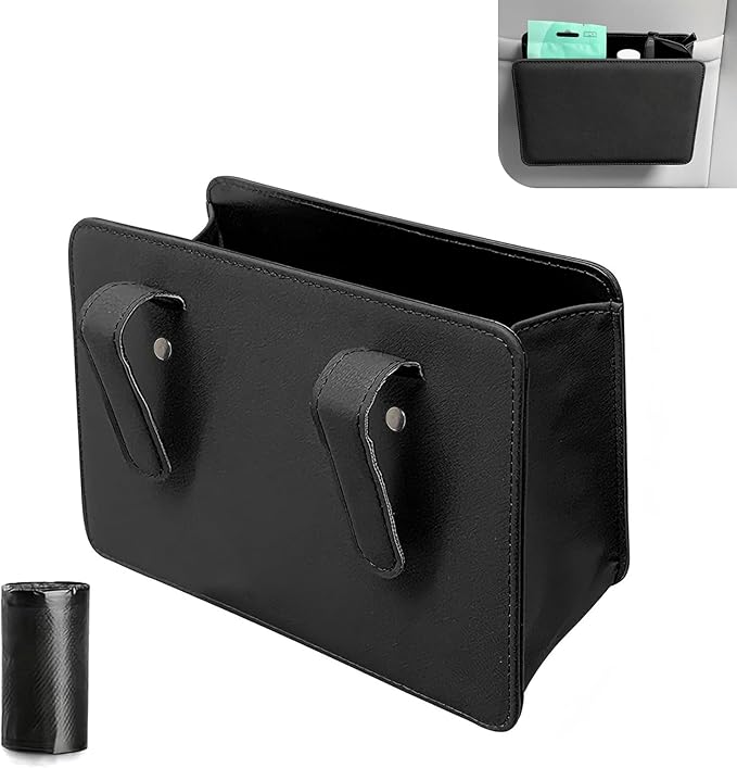 Car Trash Can, Multi-function Foldable Hanging Storage Bag with Back Clip, Open-top Waterproof Garbage Bag Container, Back Seat Organization Accessory for Car SUV Truck (Black)