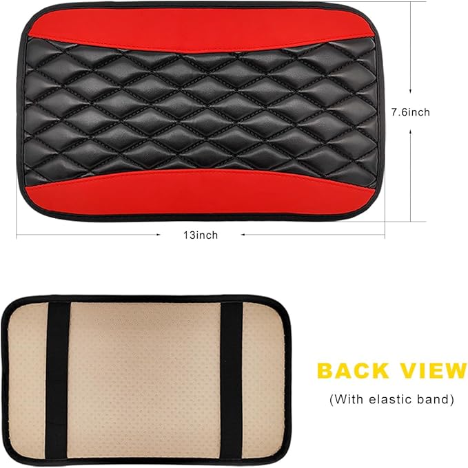 Car Center Console Cushion Pad, 12.6"×7.5" Waterproof Leather Armrest Seat Box Cover Protector, Soft Comfortable Anti-Scratch Arm Rest Console Pad for Most Cars Trucks SUVs (Black & Red)