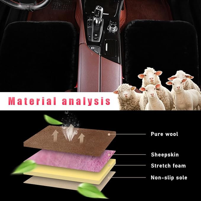 Sheepskin Car Seat Cushion, Comfortable Soft Fur Wool Auto Front Seat Cover, Vehicle Seat Protector Pad for Warm Winter Office Chair, Universal Decor Car Accessories (Black)