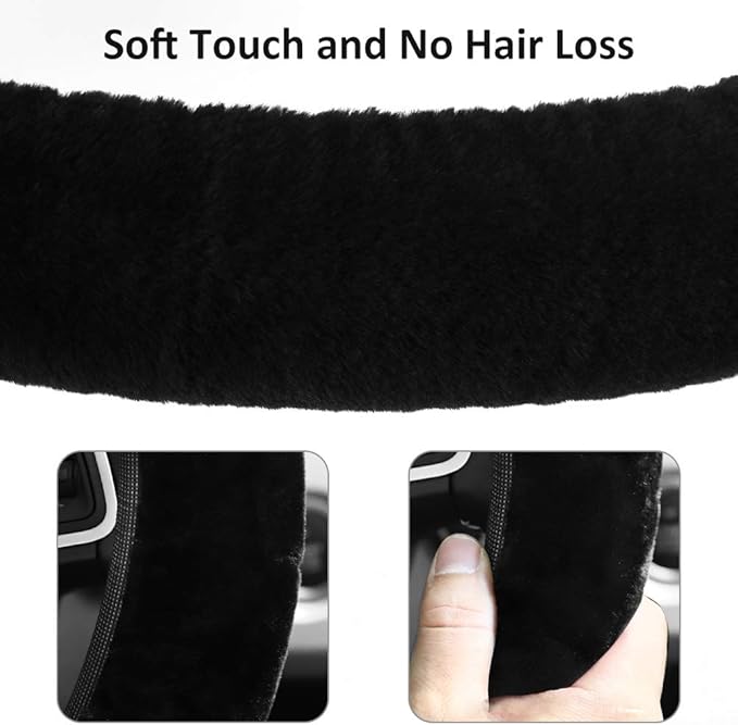 Fluffy Steering Wheel Cover for Women Girls, Accmor Universal Fit 15 inch Fur Car Wheel Cover & Handbrake Cover & Gear Shift Cover Set, Fashion Winter Warm Fuzzy Vehicle Wheel Protector (Black)