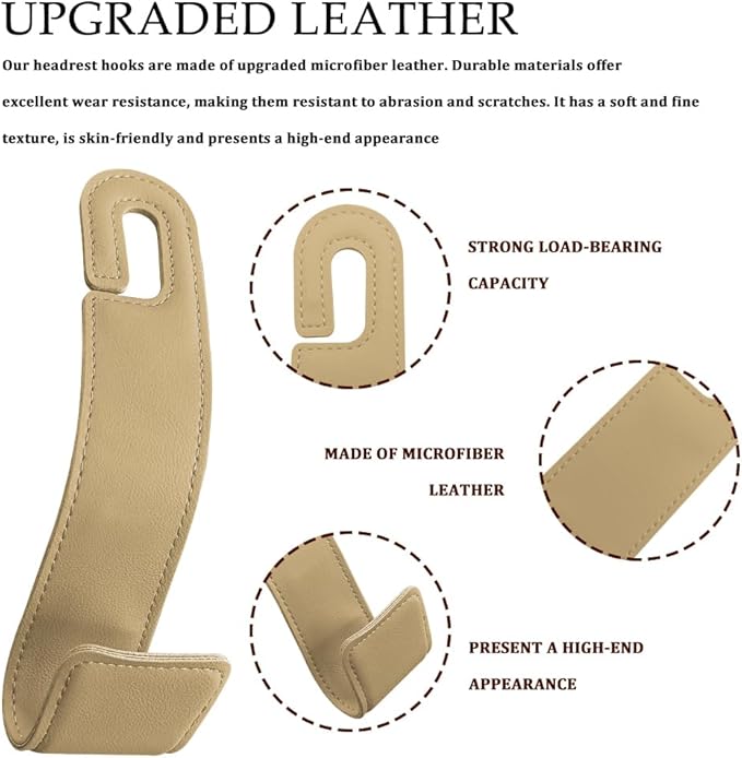 2PCS Purse Holder for Car, Purse Hook for Car, Leather Headrest Hooks for Automotive Back Seat, Auto Accessories Back Seat Organizer Hook for Grocery Bag Handbag Coat (Beige, 2PCS)