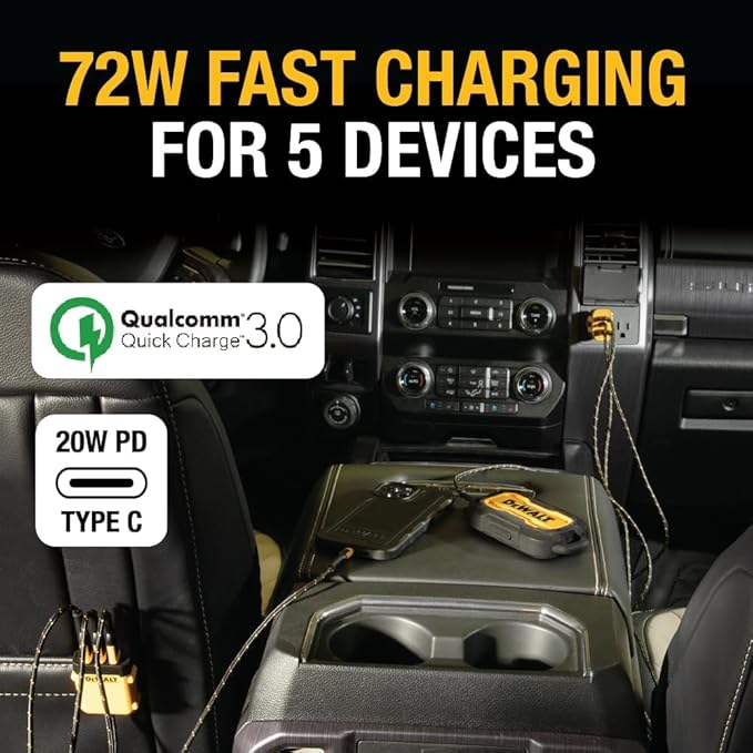 DEWALT Heavy Duty 72W 5 Port USB Car Charger Multiport, iPhone 16 Multi USB Car Charger, Fast Charge PD & QC3.0 Cigarette Lighter Adapter w/ 6FT Cable, Type C Front/Back Charging for Multiple Devices