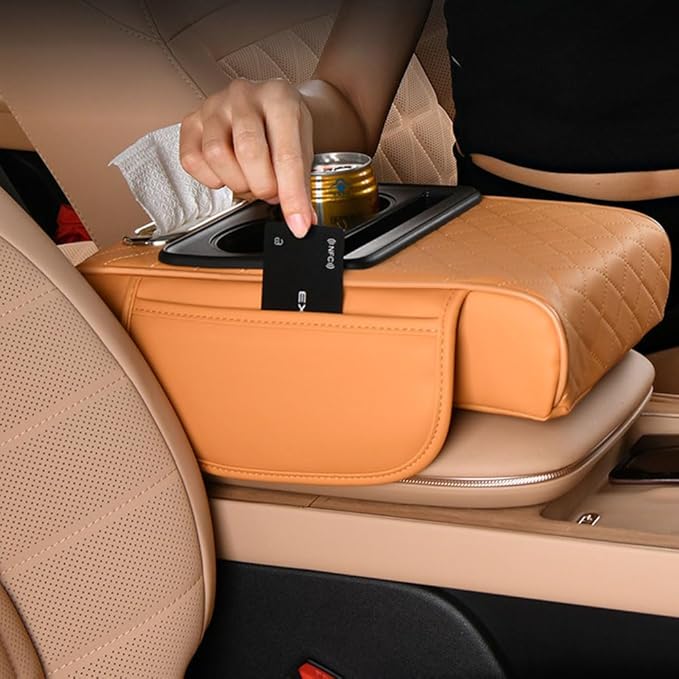 Car Center Console Armrest Pad for Nissan Kicks 2018–2025 2026 P16,Pu Leather Heightening Cushion with Cup Holder and Tissue Box,Multifunctional Organizer Accessories,Yellow