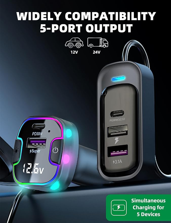 USB C Multi Port Fast Car Charger, PD30W/QC3.0 120W Cigarette Lighter Charger with /5ft Cable Compatible with iPhone 16/15 Pro