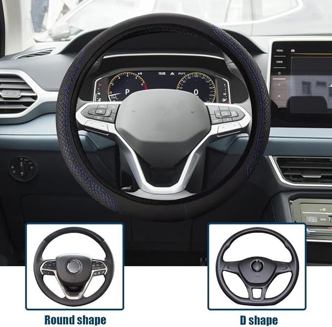 Car Steering Wheel Cover, Universal 14.5-15 Inch Black Leather Steering Wheel Wrap with Better Sport Grip for Men Women, Anti-Slip Breathable Car Interior Accessories for Most Cars (Black with Blue)
