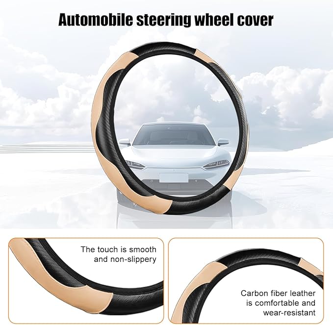 Carbon Fiber Car Steering Wheel Cover, 14.5-15 Inch Elastic Stretch Steering Wheel Guard, Sports Style Non-Slip Automotive Interior Accessories, Universal for Vehicles (Black/Beige)