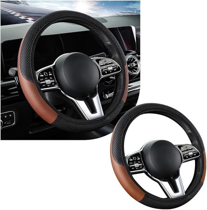 Car Steering Wheel Cover, 15 Inch Leather Breathable Auto Steering Wheel Protector, Comfortable Non-Slip Vehicle Steering Wheel Covers, Universal Interior Car Accessories (Black+Coffee, AD)