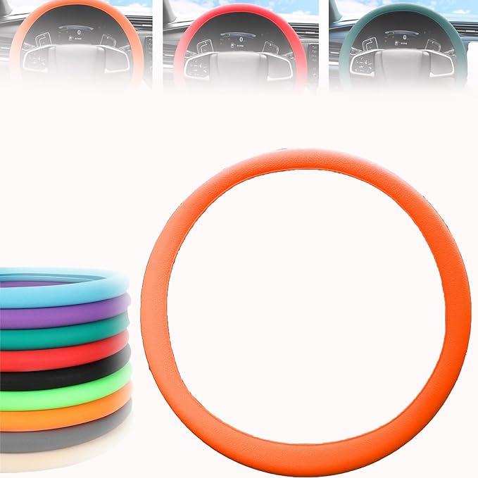 Cool Non-Slip Silicone Steering Wheel Protector, Car Steering Wheel Protective Cover, Non-Slip Car Steering Wheel Cover, Universal Fit Easy to Clean Steering Wheel Cover (Orange), RZX123
