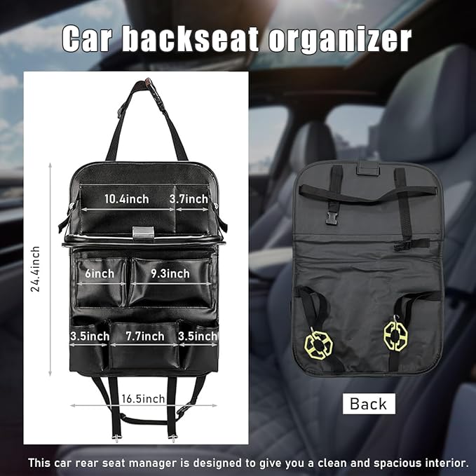 Car Backseat Organizer with Tablet Holder, 9 Storage Pockets PU Leather Foldable Table Tray Seat Back Protectors, Car Seat Back Protectors Kick Mats Car Accessories (Black)