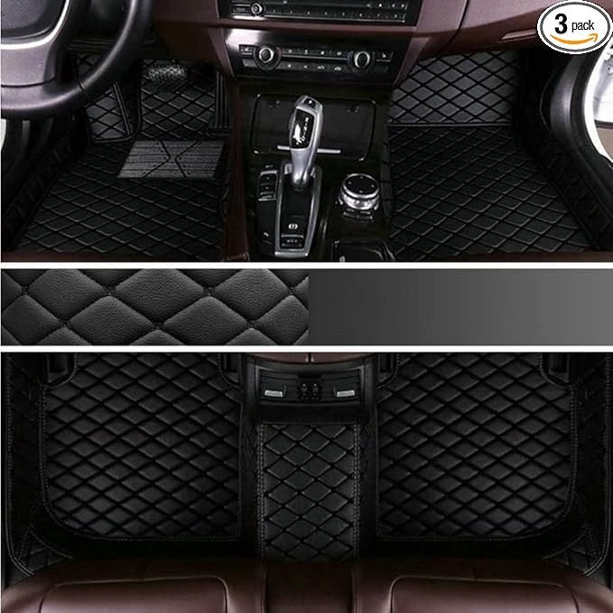 KaiLaiCarCustom Automotive Car Floor Mats for 99.99% Sedan SUV Sports Car Men Women Protection Full Coverage Pads Anti-Slip Leather Floor Lining… (Black Mat Black Line)