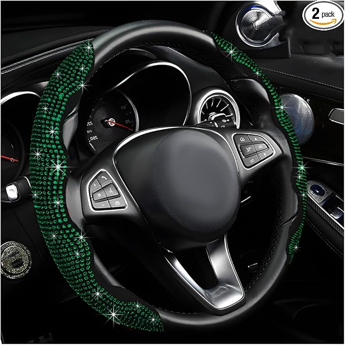 2 PCS Steering Wheel Cover, Segmented Car Wheel Covers with Crystal Rhinestones, Non-Slip Protector Bling Sparkly Decoration for Most Steering Wheels, Car Accessories (Green)