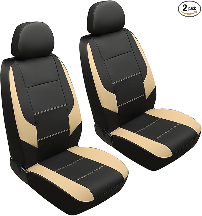 GIANT PANDA Front Car Seat Cover for Hyundai, Leather Bucket Seat Covers Custom Fit Hyundai Sonata Elantra Santa Fe Tucson Accent Kona Palisade Genesis Venue Ioniq(Beige+Black) 2-Pack
