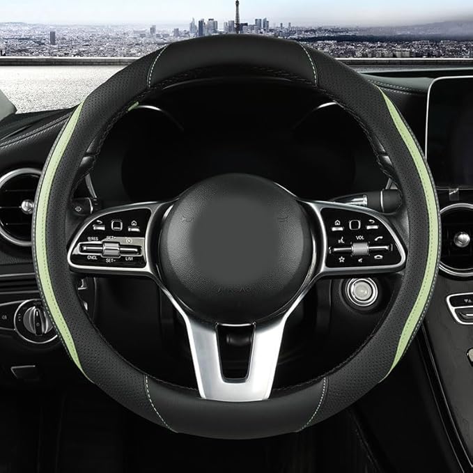 Car Steering Wheel Cover, Leather Steering Wheel Cover Green Universal 14.5-15 Inch Microfiber Leather Anti-Slip Breathable Auto Steering Wheel Covers for Men Women (Black&Green)