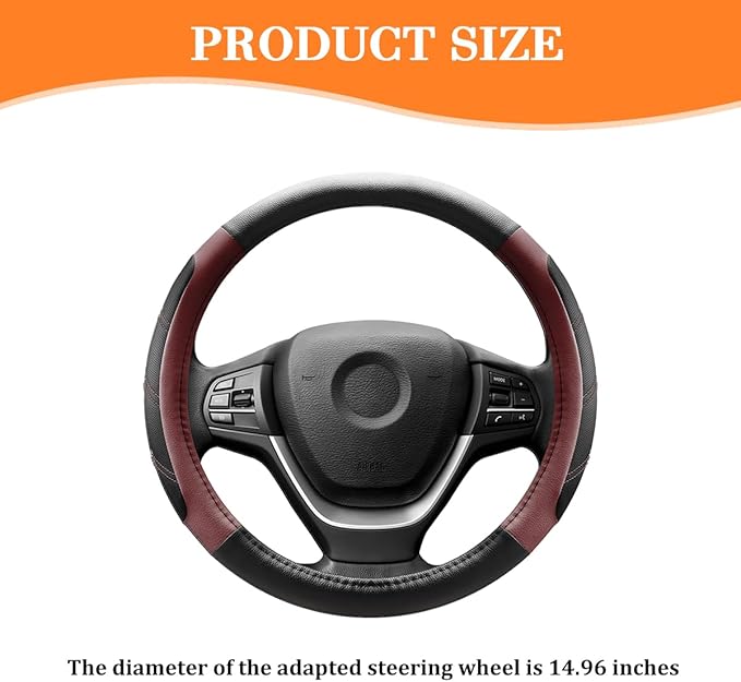 Car Steering Wheel Cover, 14.5-15" Non-Slip Leather Sporty Vehicle Steering Wheel Protector, Breathable Auto Interior Decoration Accessories, Universal for Van Truck Sedan (Wine Red)