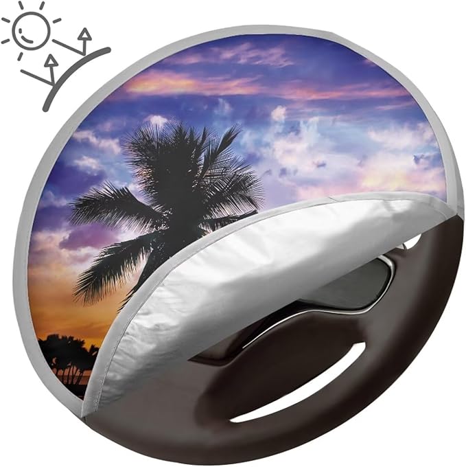 Steering Wheel Sun Shade Cover for Car SUV Van Truck Vehicle Steering Wheel Protector Steering Wheels Accessories Keep Cool in Summer, Sunset Glow Beach Coconut Tree Pattern