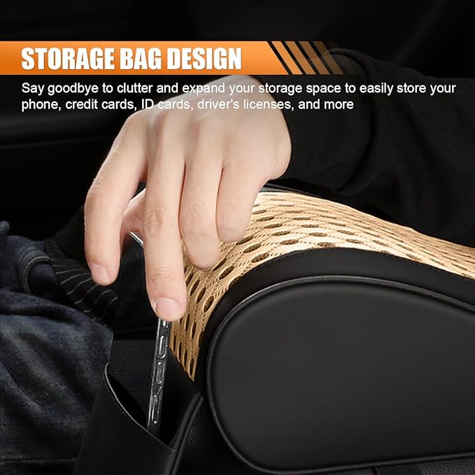 Car Armrest Cushion, Memory Foam Auto Center Console Armrest Pillow Pad with Storage Bag, Breathable Leather Car Middle Console Protective Pad with Phone Holder Relieve Elbow Pressure (Beige)