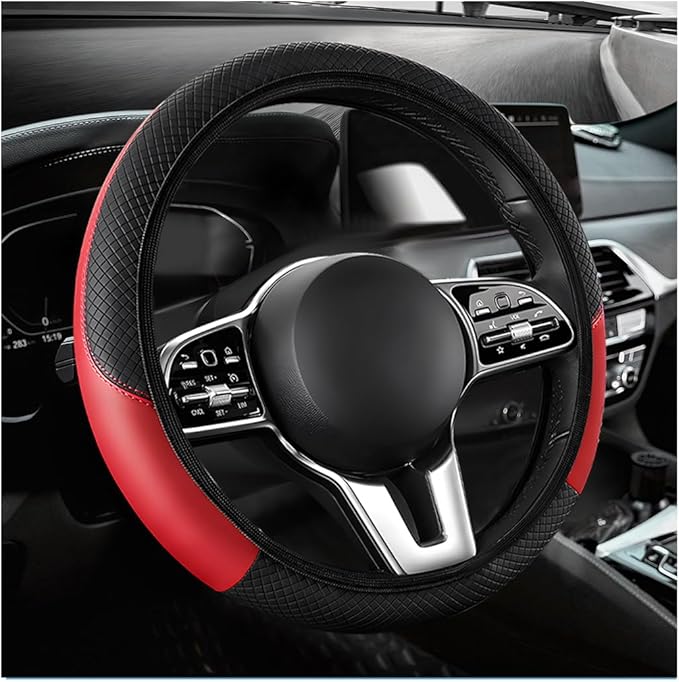 Car Steering Wheel Cover, 15 Inch Carbon Fiber Elastic Vehicle Steering Wheel Protector, Breathable Leather Auto Wheel Covers for Women Men, Interior Car Accessories (Black & Red, AD)