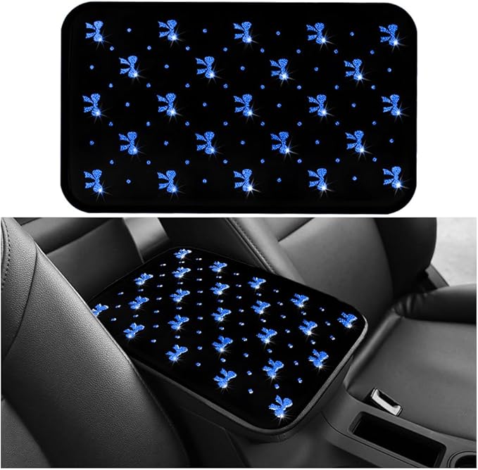 Car Center Console Cover, Waterproof Leather Bow Ribbon Vehicle Arm Rest Pad, Comfortable Automotive Interior Seat Box Armrest Protection Cushion Accessories, Universal Fit (Blue)