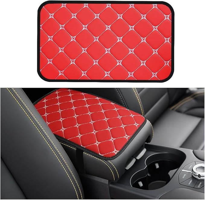 Car Center Console Cushion Pad, Comfortable PU Leather Vehicle Armrest Seat Box Cover, Waterproof Automotive Interior Arm Rest Protector Accessories, Universal Fit (Red)