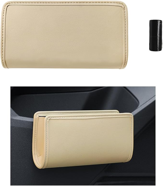 Car Trash Can, Leather Foldable Hanging Trash Bag, Multi-Function Mini Storage Box Garbage Can for Car Back Seats and Side Door, Beige