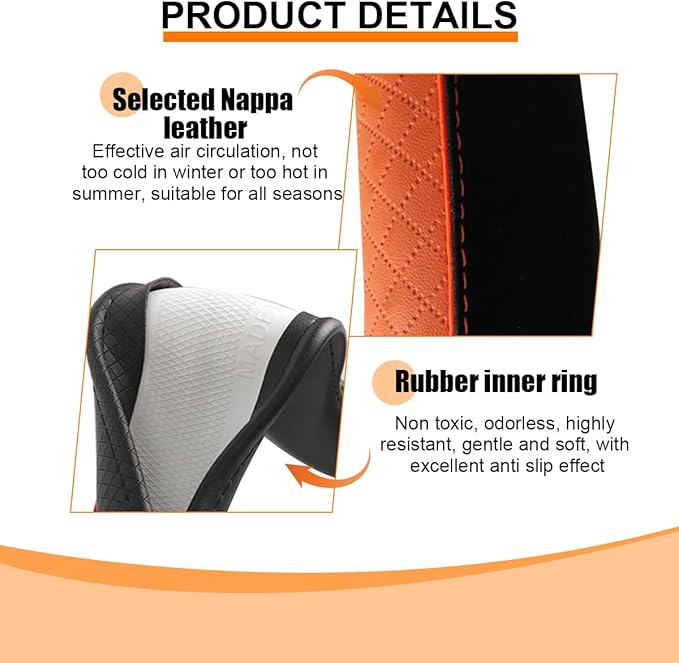 Car Steering Wheel Cover, 14.5-15" Leather Anti-Slip Sport Style Vehicle Steering Wheel Protector, Breathable Auto Interior Protection Accessories, Universal for SUV Van RV (Black/Orange)