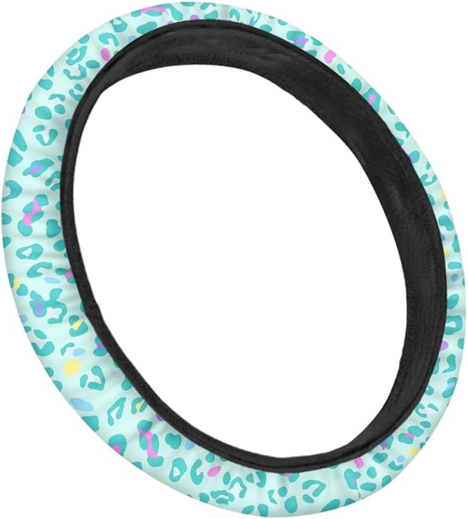 Universal Non-Slip Steering Wheel Cover, 15-inch Polyester Material Driving Accessories, Adjustable for Car and Truck(Mint Green Colorful Leopard)